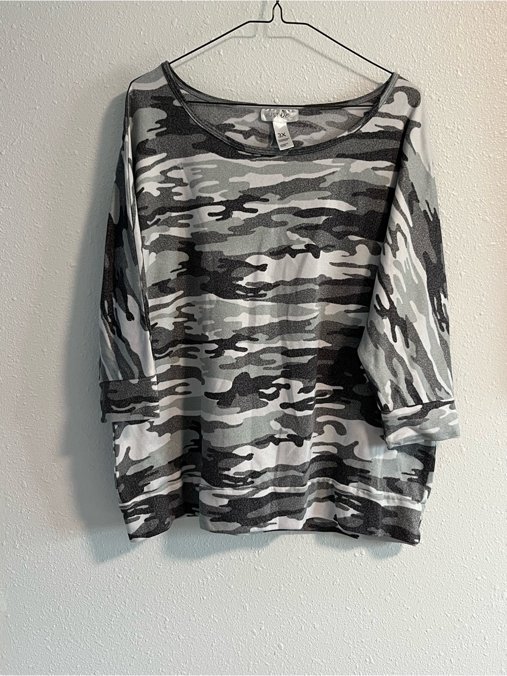 Just Be Plus Size Gray Camo Scoop Neck Soft Knit 3/4 Sleeves Top 3X